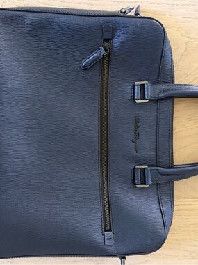 Salvatore Ferragamo Blue Leather Briefcase with Front Zip